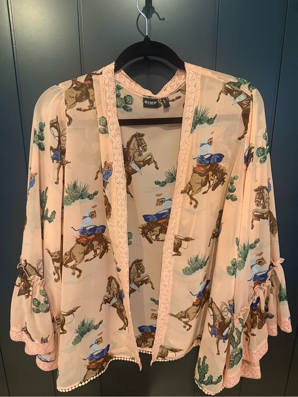 🤠 Cruel Denim Cowboy Western Sheer Pink Kimono with Bell Ruffle Sleeves 🐴